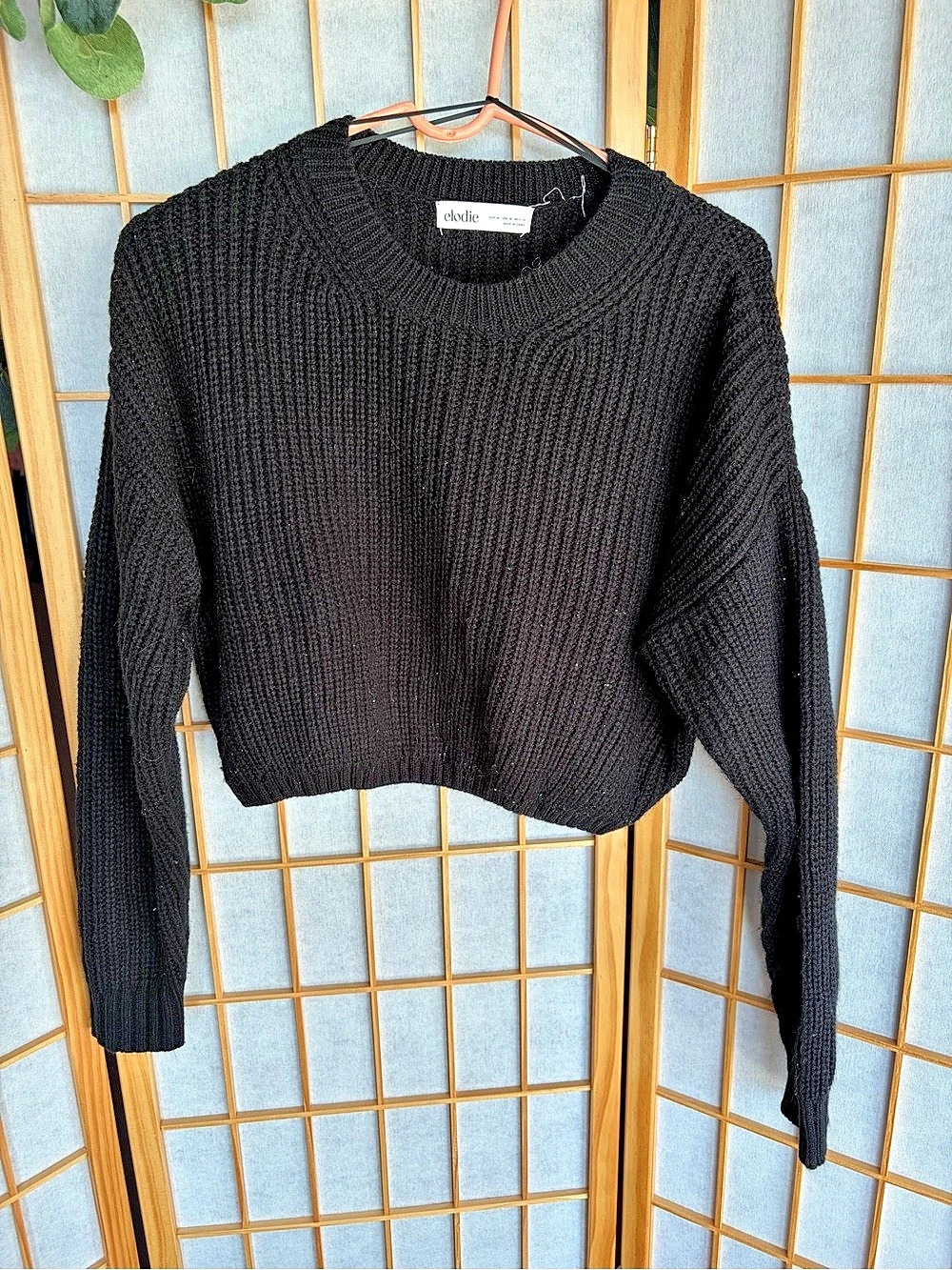 Elodie Cropped Ribbed Knit Crewneck Sweater Black Medium